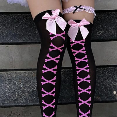 Chaussettes Os Nœud Fille Streetwear Filles Noir Doux Mignon Rose Y2K Harajuku Lolita Bas résille Bas Haut Cuisses One Size gray