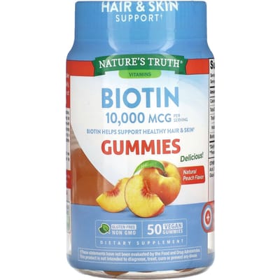 Nature's Truth, biotine, pêche naturelle, 10 000 mcg, 50 bonbons gélifiés végétaliens (5 000 mcg par bonbon gélifié)