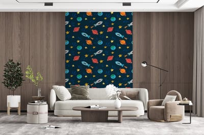 Behang - Fotobehang Patronen - Aarde - Ruimte - Raket - Jongens - Kinderen - Jongetje - Kids - Breedte 200 cm x hoogte 300 cm