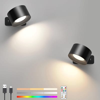 Wandlamp LED RGB, 2 stuks, Draadloze Wandlamp zonder Stroom, 360° Draaibaar, 16 Kleuren, Dimbaar voor Woonkamer en Slaapkamer