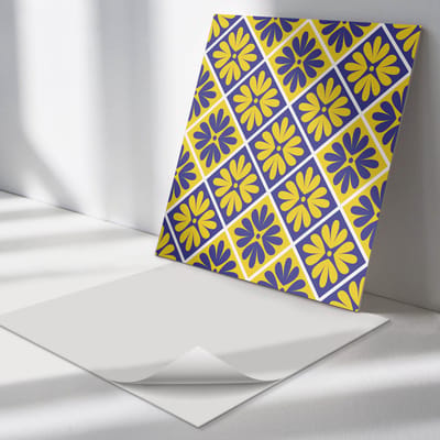 Wallfluent Vinyl Tegels - Bloemenpatroon in Diamanten Zelfklevende PVC Tegels - 30 cm x 30 cm - Geel Vinyl Tegels - Set van 9 - Vierkant PVC Tegels - Patroon Plaktegels - Vinyl Vloer Tegels - Plaktegels Keuken en Badkamer