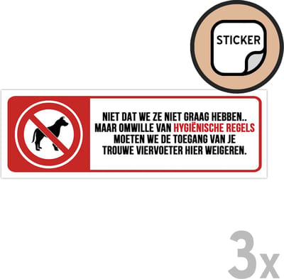 Pictogram/ stickers (3x) | Geen honden toegelaten | 14 x 4 cm | Hygiënische redenen | Geen huisdieren | Verboden voor honden | Sticker | Raamsticker | 3 stuks