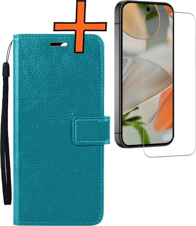 Hoes - Met Screenprotector - Geschikt voor Google Pixel 9 - Luxe Pasjeshouder - Bookcase Portemonee - Flip Case - Kunstleer Book Case - Flipcase - Book Cover - Walletcase - PortemonneeHoes - Turquoise