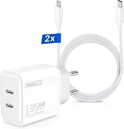 35w dual usb C power adapter geschikt voor Apple + Lightning naar USB-C kabel 3m - Oplader kabel geschikt voor iPhone / iPad / AirPods