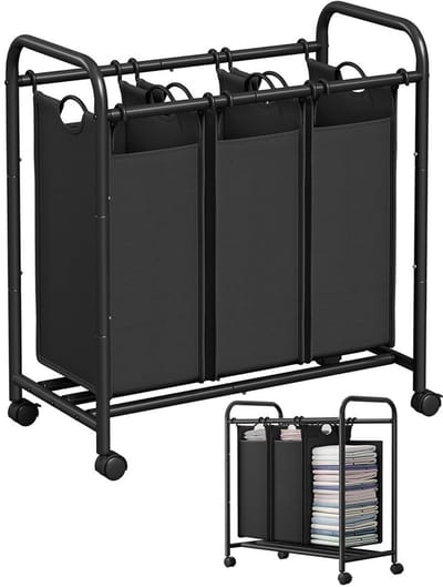 VELTRR® Wasmand 3 Vakken - Wassorteerder - Wasmand met Deksel - Zwart