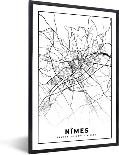 Fotolijst incl. Poster Zwart Wit- Plattegrond - Nîmes - Kaart - Frankrijk - Stadskaart - Zwart wit - 40x60 cm - Posterlijst