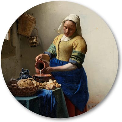 Het melkmeisje, Johannes Vermeer, ca. 1660 - Muurcirkel 60cm - Wandcirkel voor buiten - Aluminium Dibond - Johannes Vermeer - Meesterwerken