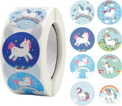 500 Stickers Op Rol - 2.5cm - Eenhoorn / Unicorn Blauw - Beloningsstickers - Stickers Kinderen - Sluitsticker - Sluitzegel - 25mm - 500 Stuks