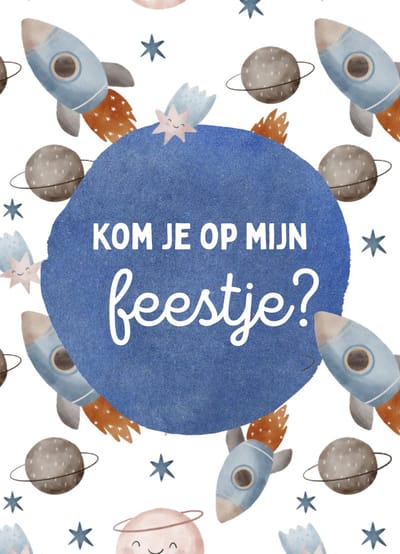 Uitnodigingskaart- Uitnodiging feestje- Thema ruimte met raketten en planeten- Feestjeskaart met invulruimte - Aquarel tekening- kwaliteitskaart 400 grams papier