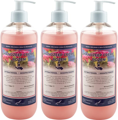 Handzeep Crème Rozen 1 liter - set van 3 stuks - met gratis pomp - Voordeelverpakking