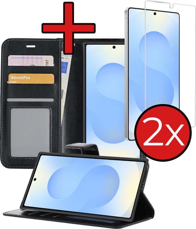 Hoesje - Met 2x Screenprotector - Geschikt voor Samsung Galaxy S25 Ultra - Luxe Pasjeshouder - Flip Case - Bookcase Portemonee - Kunstleer Book Case - Flipcase Hoes - Book Cover - Walletcase - Portemonneehoes - Telefoonhoes - Zwart