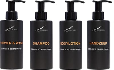 Compleet pakket Sweet Orange & Cedarwood - Shower & Wash + Shampoo + Bodylotion + Handzeep - 300 ml per fles - complete set van 4 stuks - bodycare - luxe fles - Cadeau