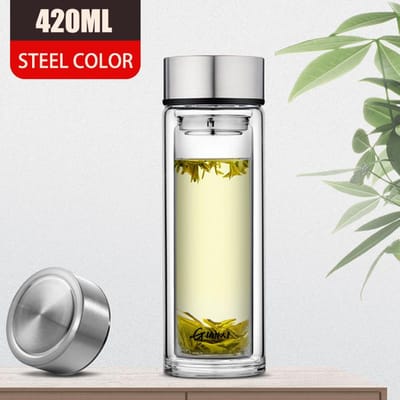 Dubbellaags Glazen Kop Hittebestendige Waterbekers Met Thee Zeef Filter Kantoor Grote Capaciteit Glazen Drinkware 420-1000ml beige