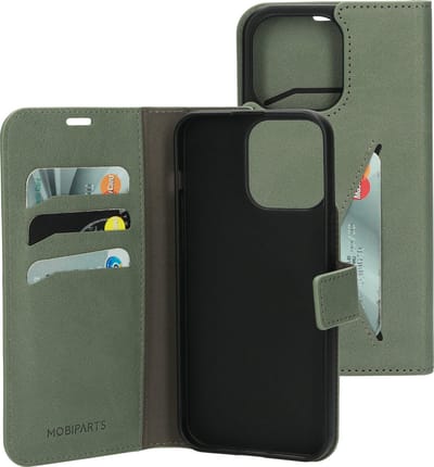Mobiparts hoesje geschikt voor Apple iPhone 15 Pro Max - Wallet/Boekhoesje - Eco Leer - Magneet Sluiting - Opberg vakken - Groen