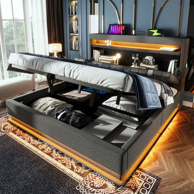 Komhtom Gestoffeerd tweepersoonsbed 160x200cm hoofdeinde met opbergruimte en USB- en Type-C-poorten LED-verlichting aan het hoofdeinde en voeteneinde van het bed met hydraulische opbergruimte linnen grijs. (Zonder matras)