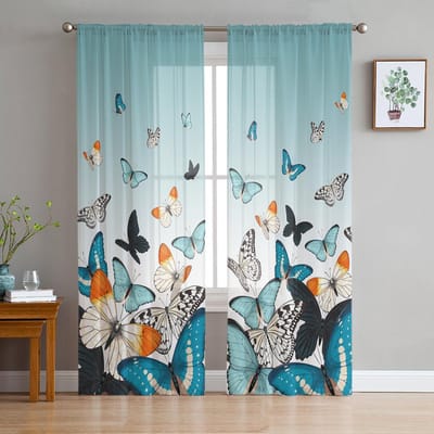 Pastorale Vlinder Water Eend Groen Verloop Transparante Gordijnen Slaapkamer Woonkamer Voile Raamgordijnen Tule Gordijnen Kinderkamer 135W x 137H(cm)