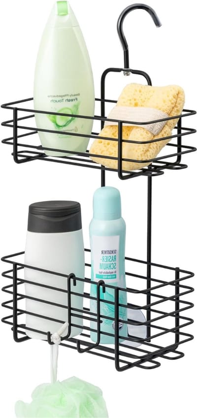 Aurixi® Doucherek aan Douchewand - Hangend Badkamerrek – Deurrek Met Mandjes – Zwart - 44cm x 27cm x 14cm