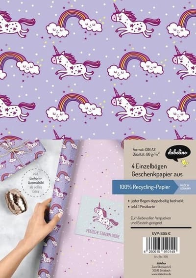 Schattige Eenhoorn Geschenkpapier Set voor Kinderen - 4 Vellen + Postkaart