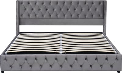 VVBV Gestoffeerd Bed 160x200 cm met Opbergruimte - Tweepersoonsbed Fluweel - Chesterfield Stijl met Knopen & Klinknagels - Grijs