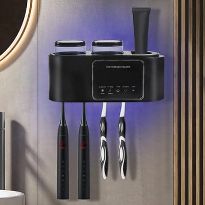 Dailygoods - Tandenborstelhouder - Wandmontage - Automatische tandpastadispenser - Glanzend plastic - Badkameraccessoire - Geschikt voor het hele gezi...