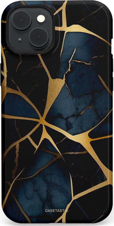 Casetastic hoesje geschikt voor Apple iPhone 15 Plus - MagSafe - Dubbellaagse bescherming - Sterrennacht Marmer Goud - Fashion Case - Zwart Goud Donkerblauw
