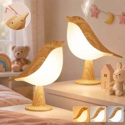 Rosnek 2 Stuks Draagbaar Vogel Nachtlampje Kinderkamer - Oplaadbare LED Tafellamp met Aanraaksensor - 3 Lichtstanden - Snoerloos - Kleur: Houtnerf