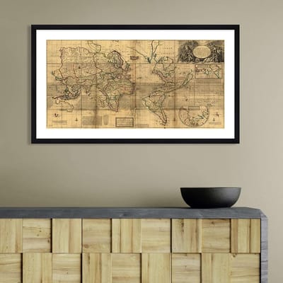 Antieke Kaart - Wereldkaart Ingelijst - Wanddecoratie Huis - Fine Art Papier - 63x37cm - Zwart Frame