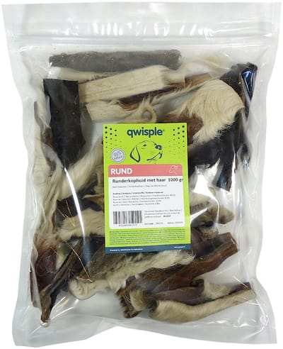 Qwisple Runderkophuid met Haar - Hondensnacks Gedroogd Rund - 1000 gram