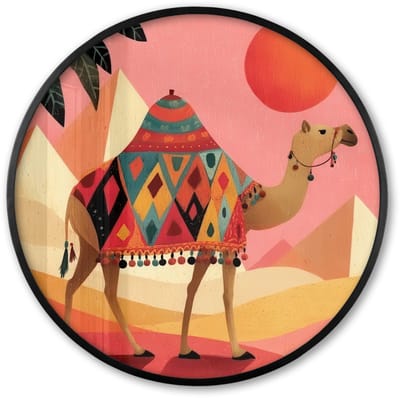 Poster in lijst Rond - Fotolijst 60x60 cm - Posters - Kameel - Pyramides - Rode zon - Ronde posterlijst zwart - Decoratie - Wanddecoratie woonkamer - Muurdecoratie slaapkamer