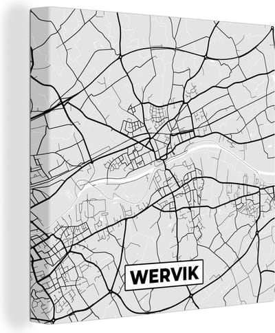 Canvas Schilderij Stadskaart – Zwart Wit - Kaart – Wervik – België – Plattegrond - 20x20 cm - Wanddecoratie