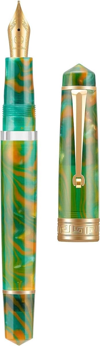 Piston Vulpen met Groene Hars, Fijne Iridium Nib en Gouden Accenten, Perfect voor Zakelijke Handtekeningen en Soepel Schrijven, Inclusief Etui Set