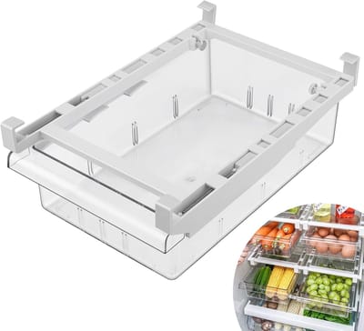 Famanu - Koelkastorganizer, transparant, partitielaag, verstelbare opbergplank, klemlade-organizer met handgrepen voor koelkast, cupcakeplanken, gootsteen, groenten