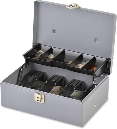 Geldcassette - Kluisje Geld - Geld Bewaren - Vijf Vakken - 29 x 19 x 9 cm - Grijs