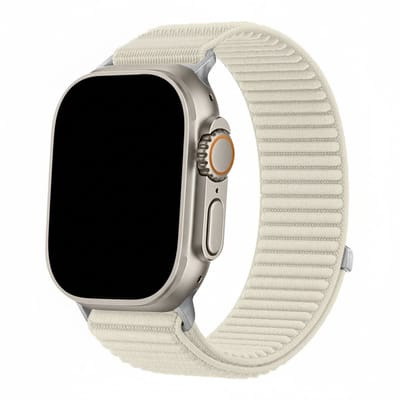 Nylon bandje - geschikt voor Apple Watch 1/2/3/4/5/6/7/8/9/10/11/ SE (1,2,3) met maat 38 mm / 40 mm / 41 mm en 42 mm (Watch 10/11) - klittenband sluiting - starlight