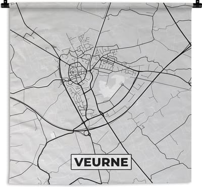 Wandkleed - Wanddoek - Zwart Wit – België – Plattegrond – Stadskaart – Kaart – Veurne - 180x180 cm - Wandtapijt