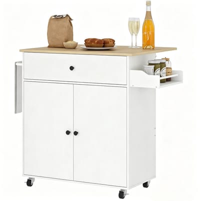 ECTEATOY® Verrijdbaar Keukeneiland met Lade en Kast - Keukentrolley met Kruidenrek & Handdoekhouder - Inklapbaar - 106x42x87 cm - Wit