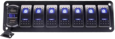 5/7 Gang Rocker Switch Panel Kit 12V/24V Circuit Breaker met Blauw LED en Waterdichte Toggle Switch, Inclusief Dubbele USB Oplaadpoort voor Marine Gebruik