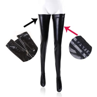 Bas Punk en Cuir PU Noir Hauts sur Cuisses Non Glissants S-XXL Grande Taille Aspect Mouillé Clubwear Chaussettes Longues pour Boîte de Nuit L black