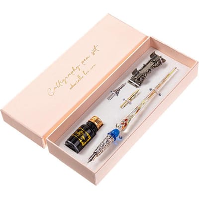 Retro Glazen Dip Inkt Pen Set Vintage Veerpen Kalligrafie Kristal Schrijven Handtekening Inkt Gedipte Pen transparant