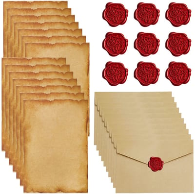 Dailygoods- Briefpapier Vintage Set - 16 A5 Bladen - 10 Enveloppen - 10 Waszegelstickers - Hoogwaardig Perkament - Voor Bruiloft/Wenskaarten - Schrijfpapier