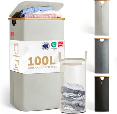Blumtal Wasmand 100L - Wasmand met uitneembare waszak - Smalle wasmand - Flesverzamelaar - Wasmand met deksel - Beige
