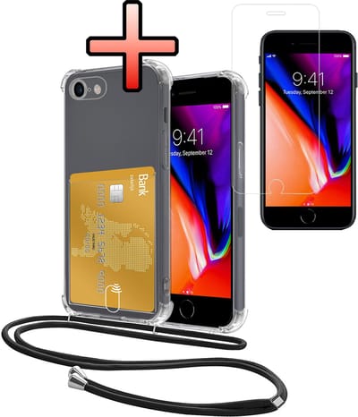 Hoes Geschikt voor Apple iPhone 7 Hoesje Pasjeshouder Cover Met Koord Shock Proof Case Siliconen Hoes Met Telefoonkoord en Kaarthouder Met Screenprotector - Transparant