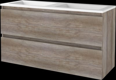 Basic Start 46 badmeubelset met greeploze onderkast met 2 lades en acryl wastafel zonder kraangaten 120 x 46 cm, scotch oak