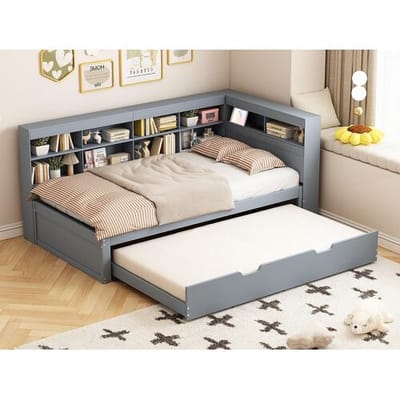 ModernLuxe Houten slaapbank 90x200cm - met onderschuifbed 90x190cm en USB-aansluiting - 10 vakken - Grijs