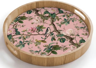 Dienblad rond 40x40 cm - Schootdienblad hout - Pioenrozen - Botanisch - Vogel - Borrelplank rechthoek - Plateau houten dienbladen