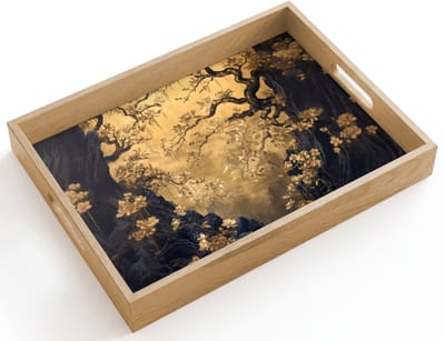 Dienblad hout 40x30 cm - Schootdienblad - Bloemen - Takken - Goud - Sierlijk - Borrelplank rechthoek - Plateau dienbladen