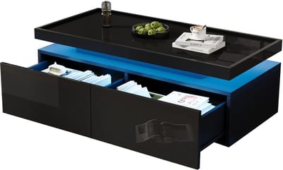 MODFU Salontafel 95x45x35 cm van spaanplaat, zwart hoogglans met LED en 2 lades, modern minimalistisch
