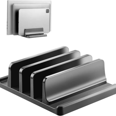 Famanu – Verticale laptopstandaard - verstelbaar en veelzijdig met 3 groeven. Elegant zwart ontwerp
