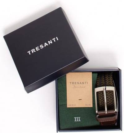 TRESANTI | ZENO I Giftbox gevlochten riem met bamboe sokken | Olive | Size 85