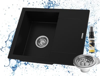 Granieten Spoelbakken Granitan Bello 57x47x17,5cm - met chromen sifon - spoelbak Keuken Zwart